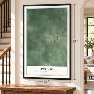Owosso, Shiawassee County, Michigan map, 24 x 36 inch print in a black frame by a staircase