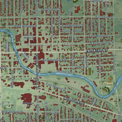 Close-up of the map of Owosso, Michigan print showing street and building detail
