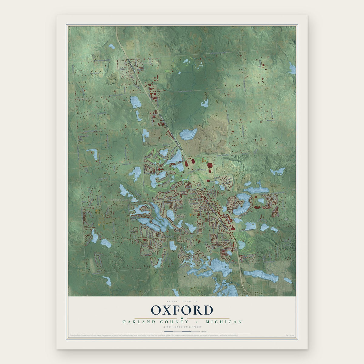 Oxford, Oakland County, Michigan map print, the full design