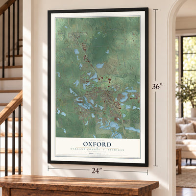 Oxford, Oakland County, Michigan map, 24 x 36 inch print in a black frame by a staircase