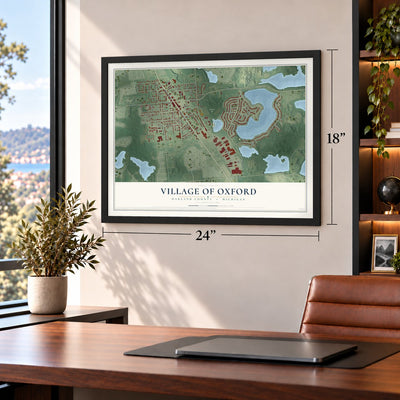 Oxford, Michigan map, 18 x 24 inch print in a black frame in a home office