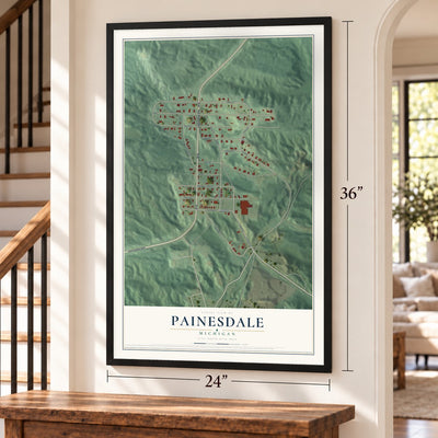 Painesdale, Michigan map, 24 x 36 inch print in a black frame by a staircase