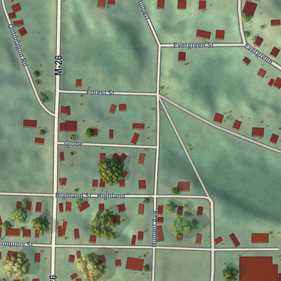 Close-up of the map of Painesdale, Michigan print showing street and building detail