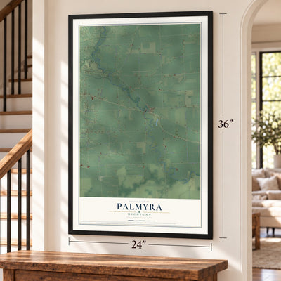 Palmyra, Michigan map, 24 x 36 inch print in a black frame by a staircase