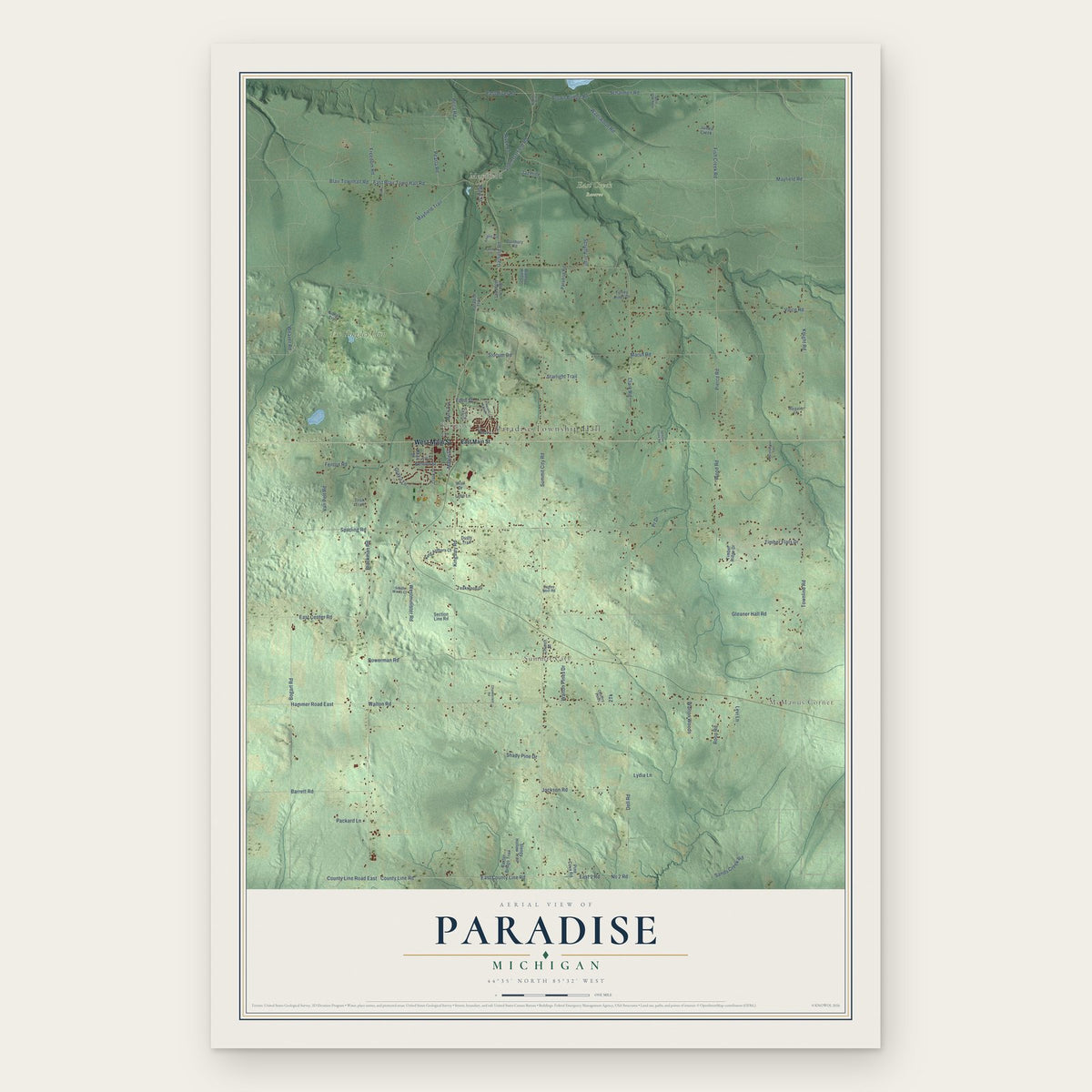 Paradise, Michigan map print, the full design