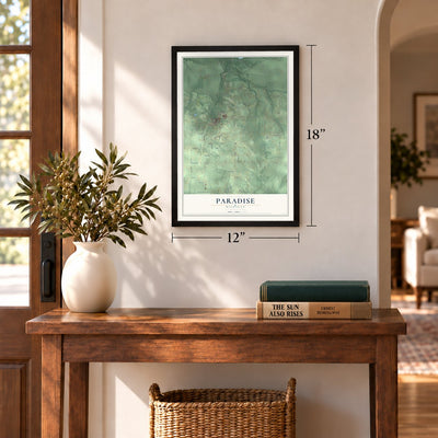 Paradise, Michigan map, 12 x 18 inch print in a black frame in an entryway