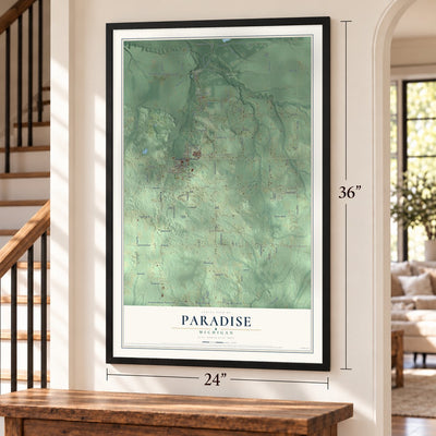 Paradise, Michigan map, 24 x 36 inch print in a black frame by a staircase