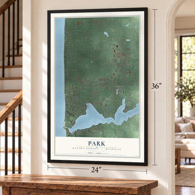 Park, Ottawa County, Michigan map, 24 x 36 inch print in a black frame by a staircase