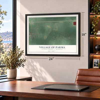 Parma, Michigan map, 18 x 24 inch print in a black frame in a home office