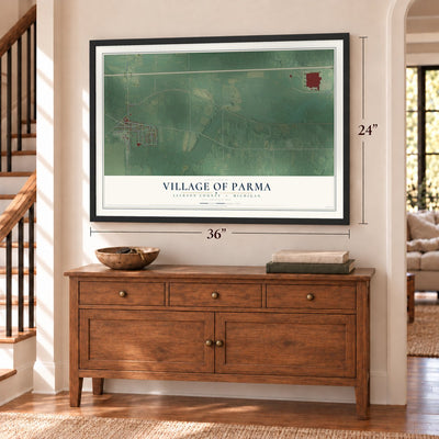 Parma, Michigan map, 24 x 36 inch print in a black frame above a dresser by a staircase