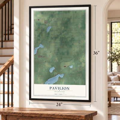 Pavilion, Michigan map, 24 x 36 inch print in a black frame by a staircase