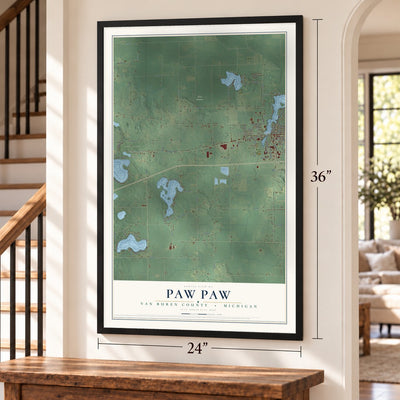 Paw Paw, Van Buren County, Michigan map, 24 x 36 inch print in a black frame by a staircase