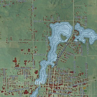 Close-up of the map of Paw Paw, Van Buren County, Michigan print showing street and building detail