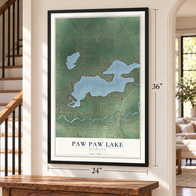 Paw Paw Lake, Michigan map, 24 x 36 inch print in a black frame by a staircase
