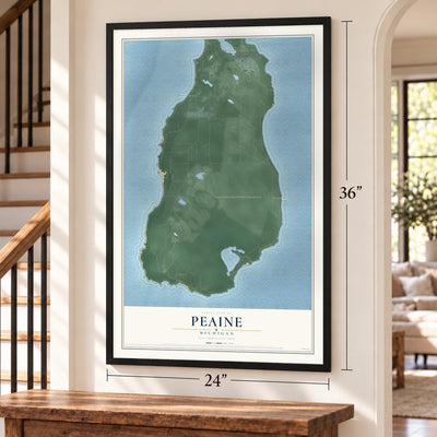 Peaine, Michigan map, 24 x 36 inch print in a black frame by a staircase