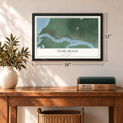 Pearl Beach, Michigan map, 12 x 18 inch print in a black frame in an entryway
