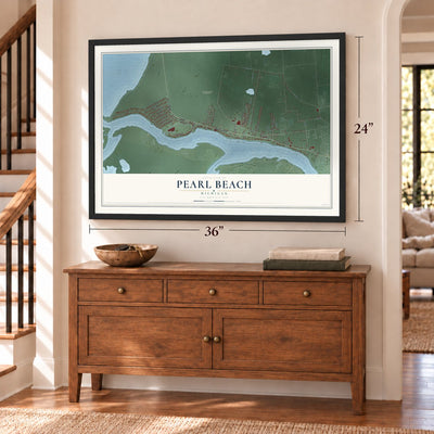 Pearl Beach, Michigan map, 24 x 36 inch print in a black frame above a dresser by a staircase