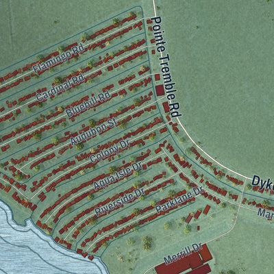 Close-up of the map of Pearl Beach, Michigan print showing street and building detail