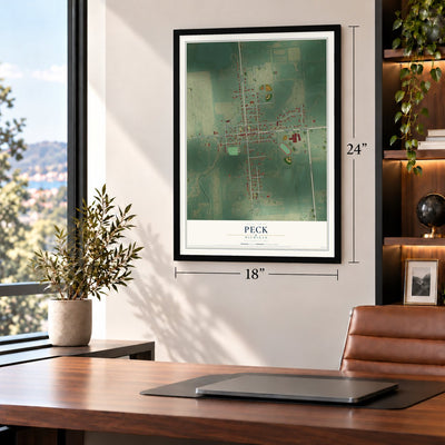 Peck, Michigan map, 18 x 24 inch print in a black frame in a home office