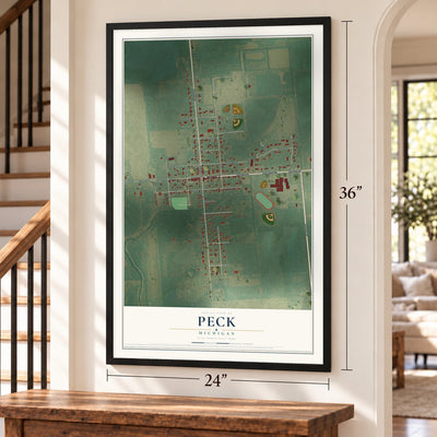 Peck, Michigan map, 24 x 36 inch print in a black frame by a staircase