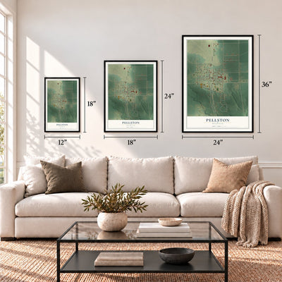 Pellston, Michigan map in 12 x 18, 18 x 24 and 24 x 36 inch sizes above a sofa