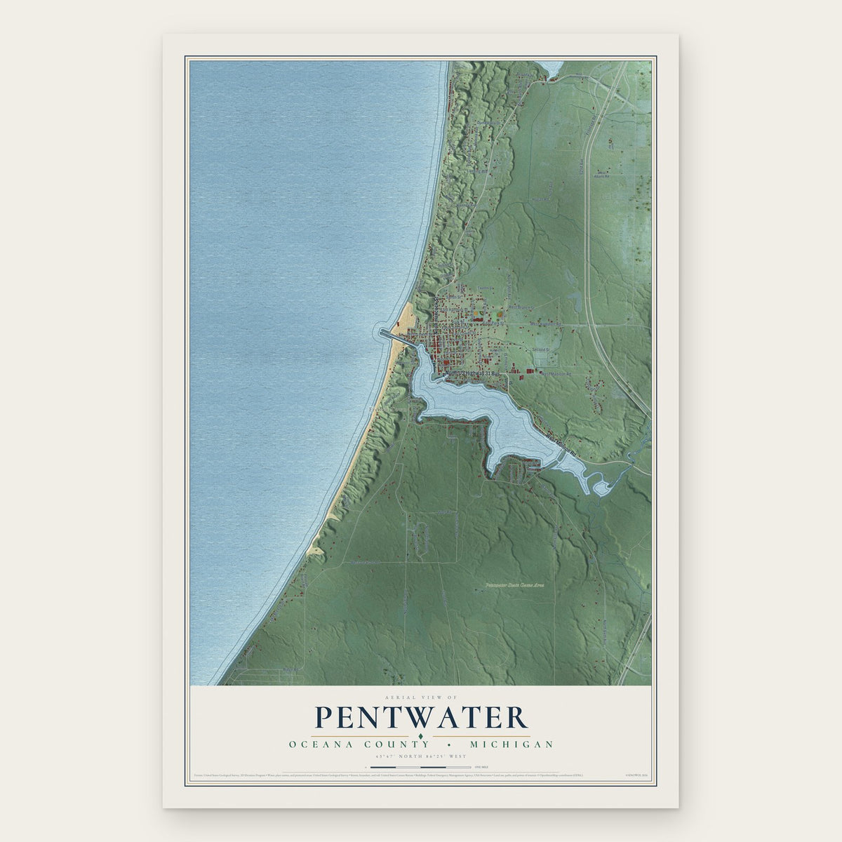 Pentwater, Oceana County, Michigan map print, the full design
