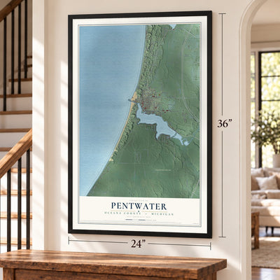 Pentwater, Oceana County, Michigan map, 24 x 36 inch print in a black frame by a staircase