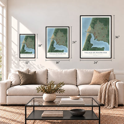 Pentwater, Michigan map in 12 x 18, 18 x 24 and 24 x 36 inch sizes above a sofa