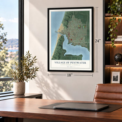 Pentwater, Michigan map, 18 x 24 inch print in a black frame in a home office