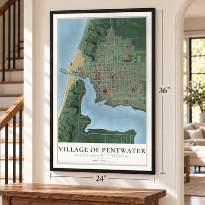 Pentwater, Michigan map, 24 x 36 inch print in a black frame by a staircase