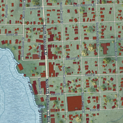 Close-up of the map of Pentwater, Michigan print showing street and building detail