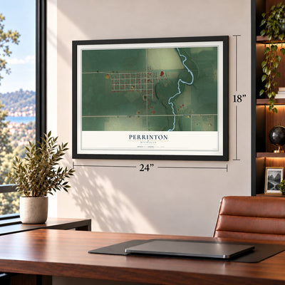Perrinton, Michigan map, 18 x 24 inch print in a black frame in a home office