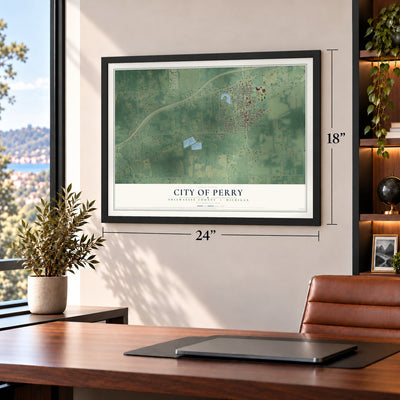 Perry, Michigan map, 18 x 24 inch print in a black frame in a home office