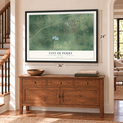 Perry, Michigan map, 24 x 36 inch print in a black frame above a dresser by a staircase