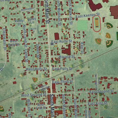 Close-up of the map of Perry, Michigan print showing street and building detail