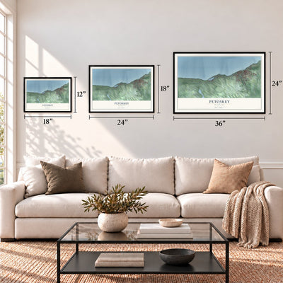 Petoskey, Michigan map in 12 x 18, 18 x 24 and 24 x 36 inch sizes above a sofa