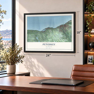 Petoskey, Michigan map, 18 x 24 inch print in a black frame in a home office