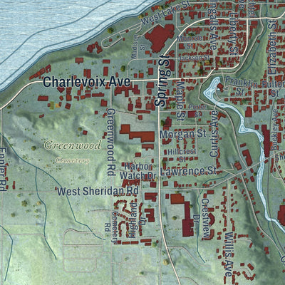 Close-up of the map of Petoskey, Michigan print showing street and building detail