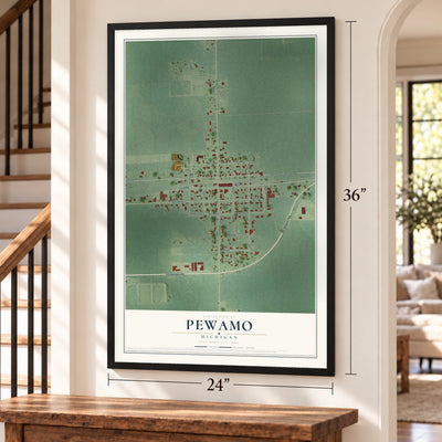 Pewamo, Michigan map, 24 x 36 inch print in a black frame by a staircase