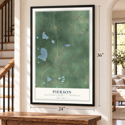 Pierson, Montcalm County, Michigan map, 24 x 36 inch print in a black frame by a staircase