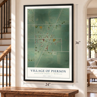 Pierson, Michigan map, 24 x 36 inch print in a black frame by a staircase