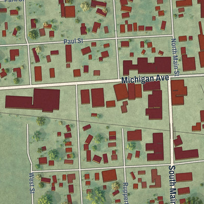 Close-up of the map of Pigeon, Michigan print showing street and building detail