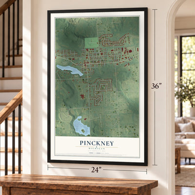 Pinckney, Michigan map, 24 x 36 inch print in a black frame by a staircase