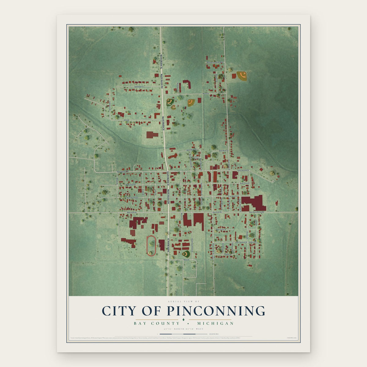 Pinconning, Michigan map print, the full design