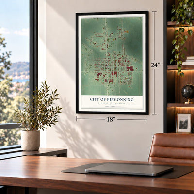 Pinconning, Michigan map, 18 x 24 inch print in a black frame in a home office