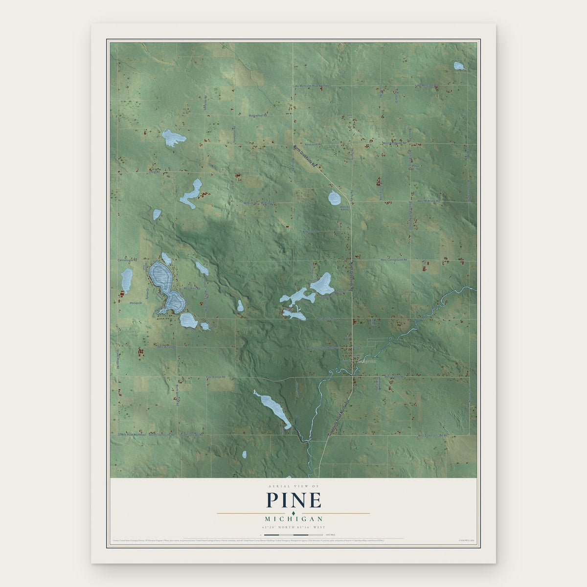 Pine, Michigan map print, the full design