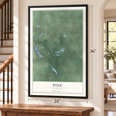 Pine, Michigan map, 24 x 36 inch print in a black frame by a staircase