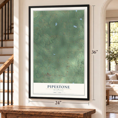 Pipestone, Michigan map, 24 x 36 inch print in a black frame by a staircase