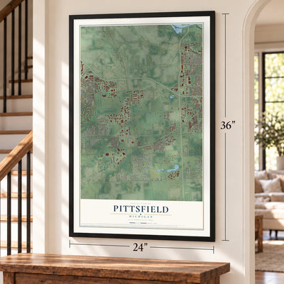 Pittsfield, Michigan map, 24 x 36 inch print in a black frame by a staircase