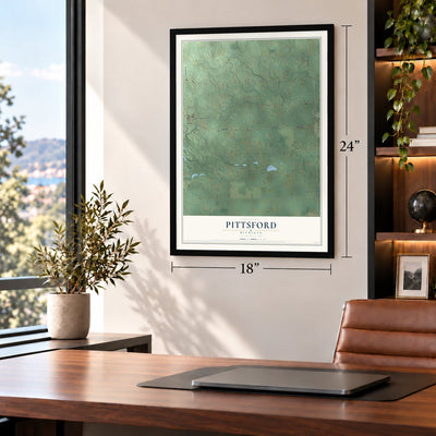 Pittsford, Michigan map, 18 x 24 inch print in a black frame in a home office
